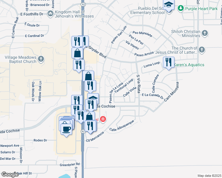 map of restaurants, bars, coffee shops, grocery stores, and more near 4437 Territorial Loop in Sierra Vista