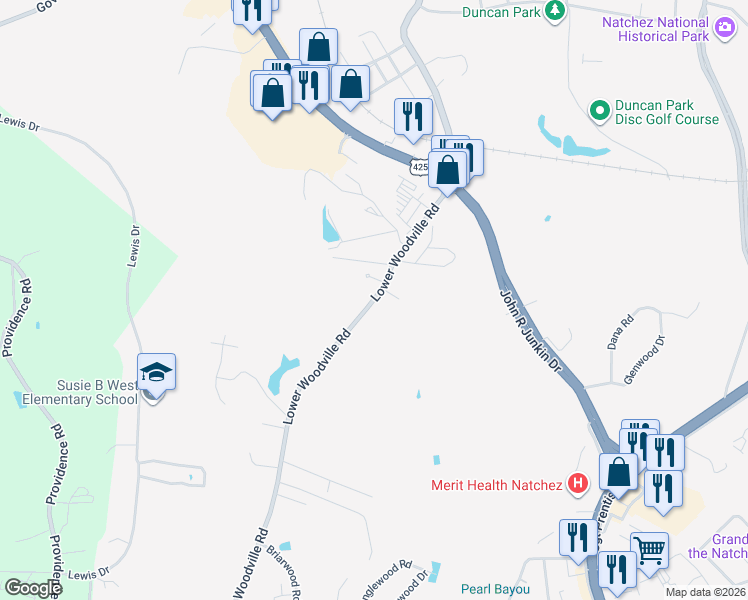 map of restaurants, bars, coffee shops, grocery stores, and more near 165 Lower Woodville Road in Natchez