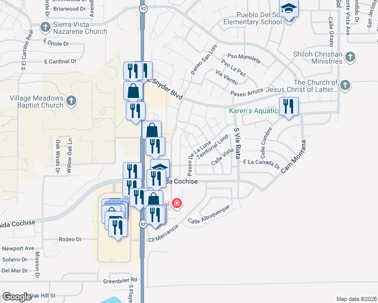 map of restaurants, bars, coffee shops, grocery stores, and more near 1888 Paseo De La Luna in Sierra Vista