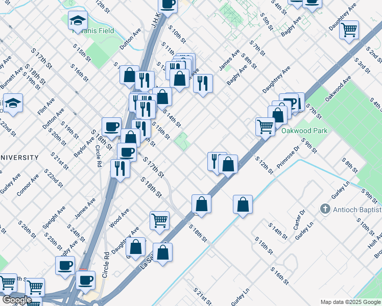 map of restaurants, bars, coffee shops, grocery stores, and more near 1423 Daughtrey Avenue in Waco
