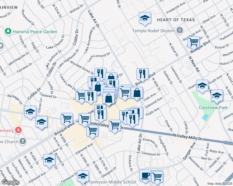 map of restaurants, bars, coffee shops, grocery stores, and more near in Waco