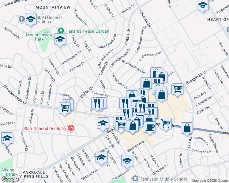 map of restaurants, bars, coffee shops, grocery stores, and more near 5613 Caldwell Street in Waco