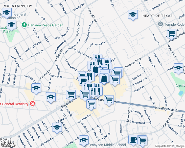map of restaurants, bars, coffee shops, grocery stores, and more near 5201 Bosque Blvd in Waco