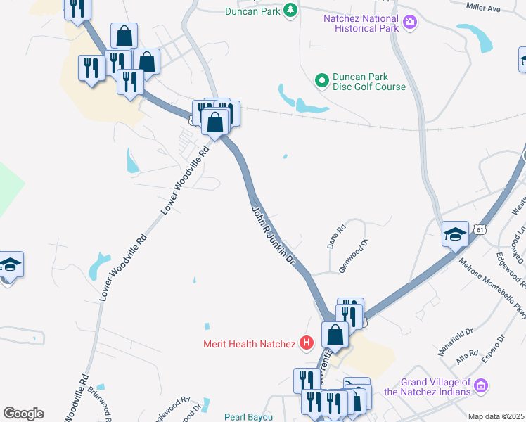 map of restaurants, bars, coffee shops, grocery stores, and more near 551 John R Junkin Drive in Natchez