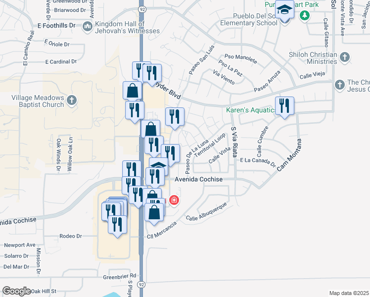 map of restaurants, bars, coffee shops, grocery stores, and more near 4400 Corte Brumoso in Sierra Vista