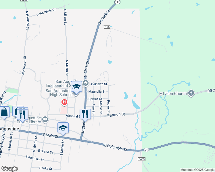 map of restaurants, bars, coffee shops, grocery stores, and more near 601 Pecan Street in San Augustine