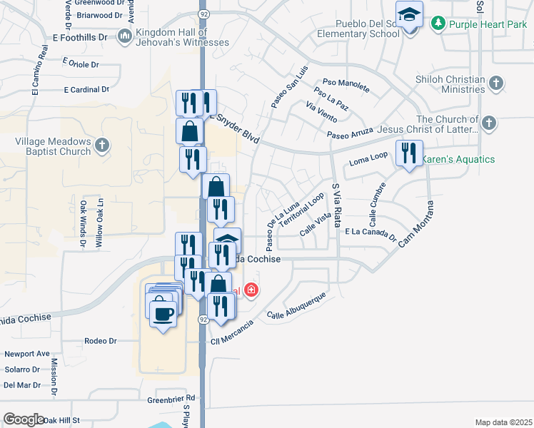 map of restaurants, bars, coffee shops, grocery stores, and more near 4437 Territorial Loop in Sierra Vista