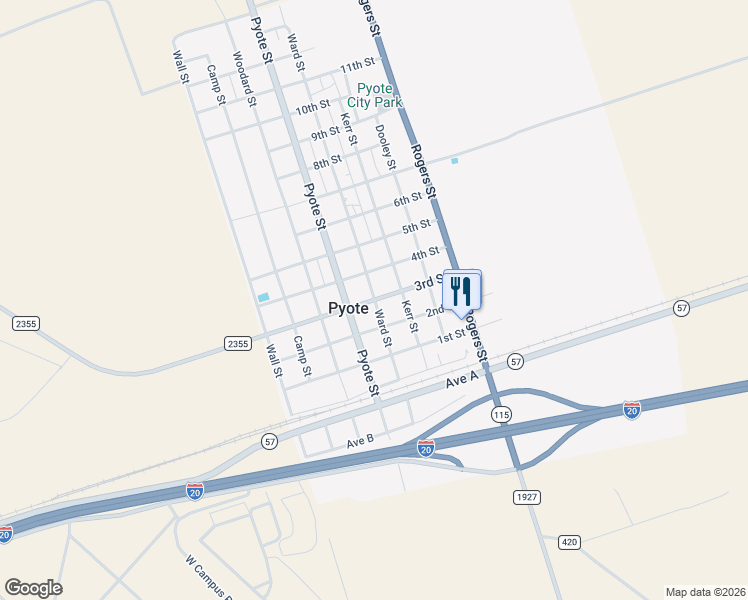 map of restaurants, bars, coffee shops, grocery stores, and more near 3rd Street in Pyote