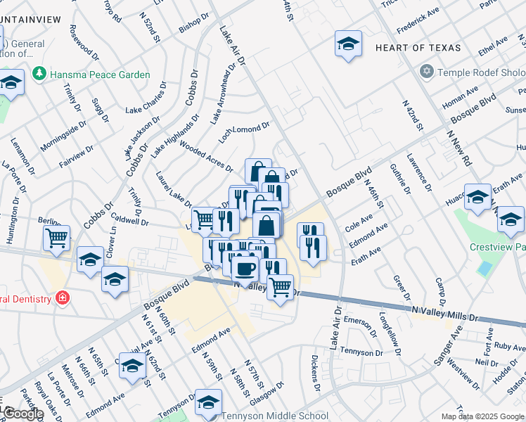 map of restaurants, bars, coffee shops, grocery stores, and more near 5201 Bosque Boulevard in Waco