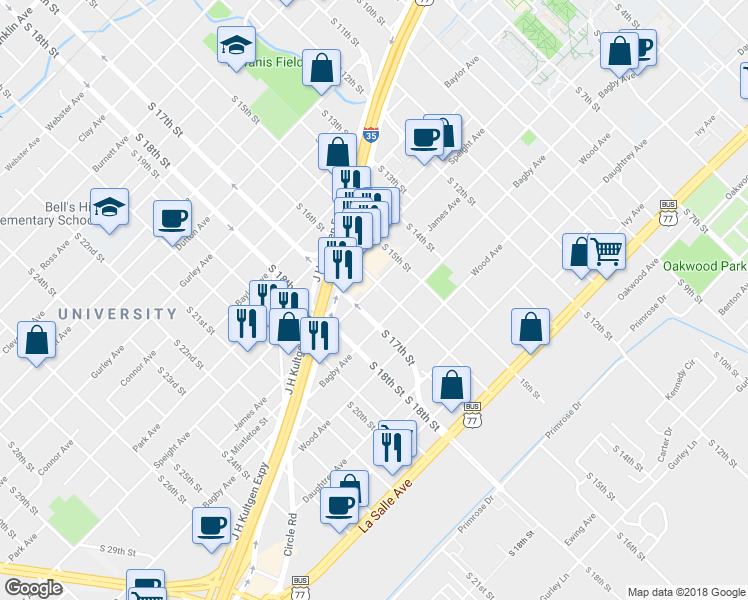 map of restaurants, bars, coffee shops, grocery stores, and more near 1717a South 17th Street in Waco