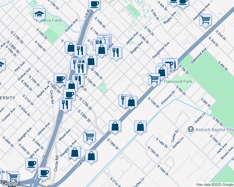 map of restaurants, bars, coffee shops, grocery stores, and more near 1926 South 14th Street in Waco