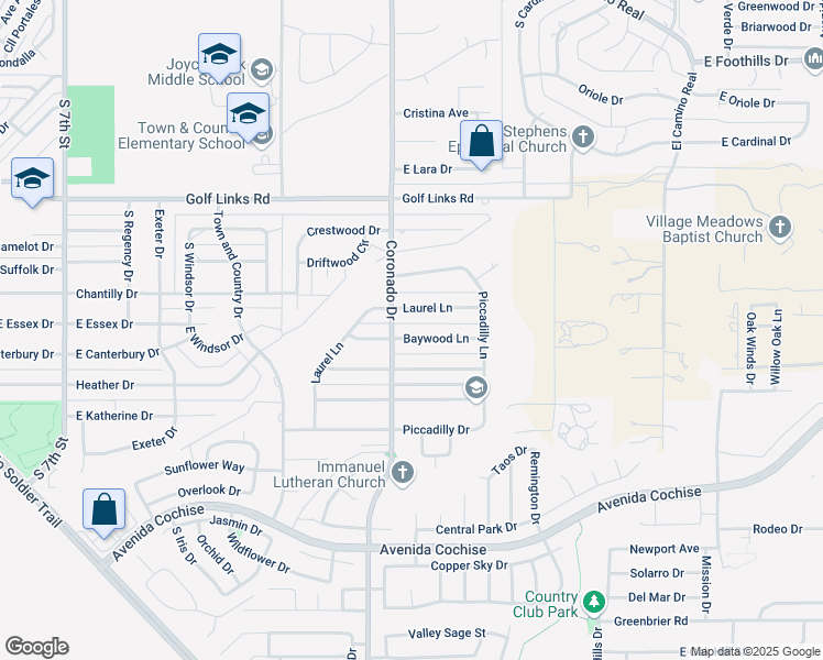 map of restaurants, bars, coffee shops, grocery stores, and more near 1965 Baywood Lane in Sierra Vista