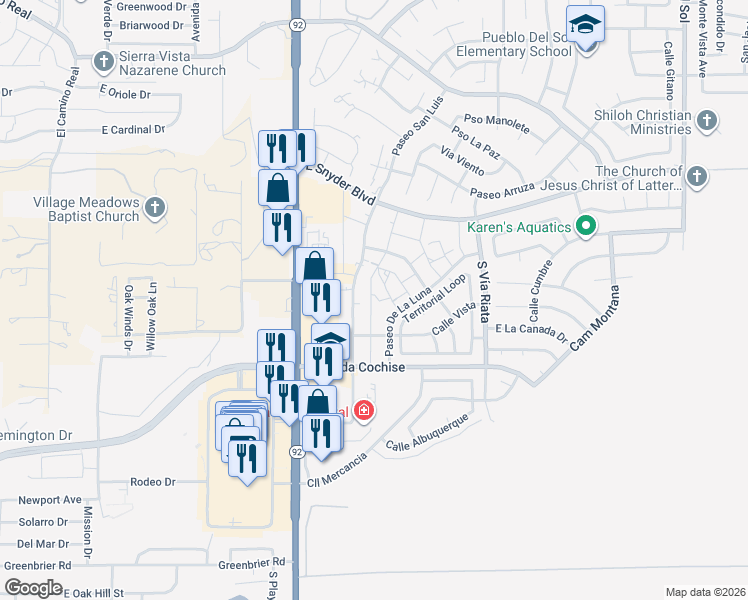 map of restaurants, bars, coffee shops, grocery stores, and more near 4255 Calle Vista in Sierra Vista