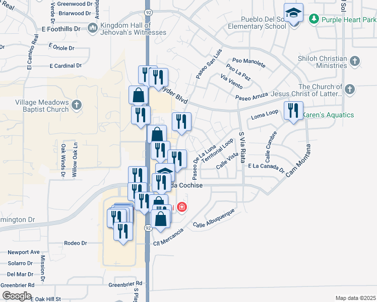 map of restaurants, bars, coffee shops, grocery stores, and more near 1813 Paseo San Luis in Sierra Vista