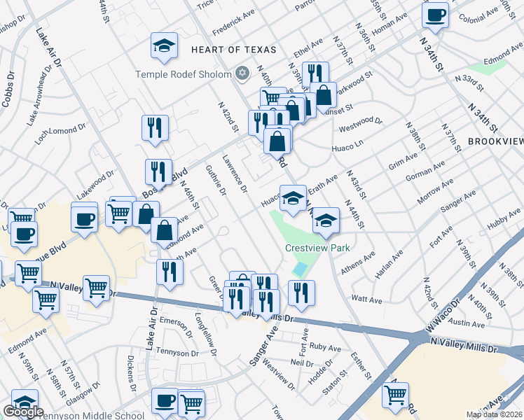 map of restaurants, bars, coffee shops, grocery stores, and more near 1209 Lawrence Drive in Waco