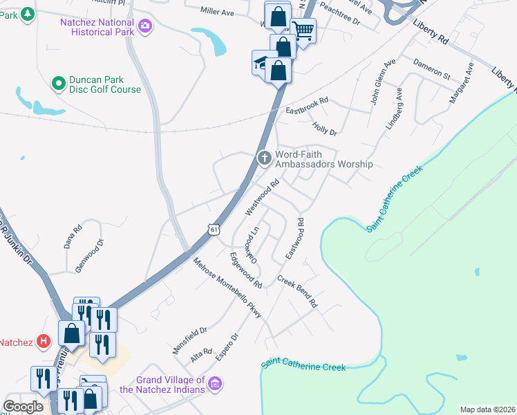 map of restaurants, bars, coffee shops, grocery stores, and more near 3 Shadow Lane in Natchez