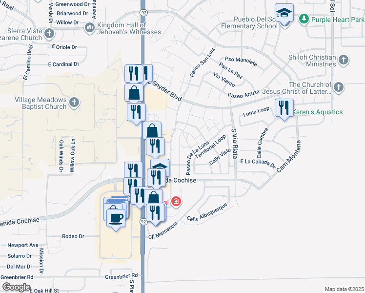 map of restaurants, bars, coffee shops, grocery stores, and more near 1813 Paseo San Luis in Sierra Vista