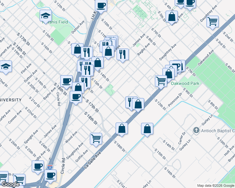 map of restaurants, bars, coffee shops, grocery stores, and more near 1900 South 14th Street in Waco