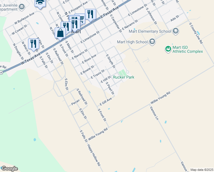 map of restaurants, bars, coffee shops, grocery stores, and more near 704 South Pearl Street in Mart