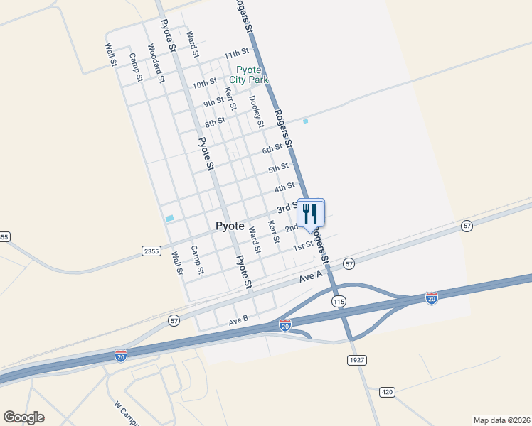 map of restaurants, bars, coffee shops, grocery stores, and more near 300-306 3rd Street in Pyote