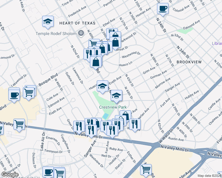 map of restaurants, bars, coffee shops, grocery stores, and more near 4516 Erath Avenue in Waco