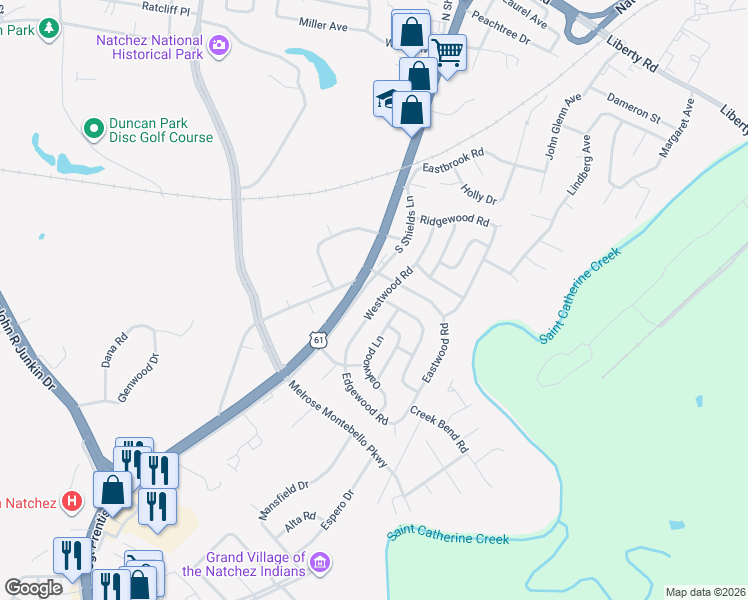 map of restaurants, bars, coffee shops, grocery stores, and more near 3 Shadow Lane in Natchez