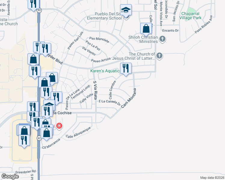 map of restaurants, bars, coffee shops, grocery stores, and more near 4910 East Barranca Arbolada in Sierra Vista