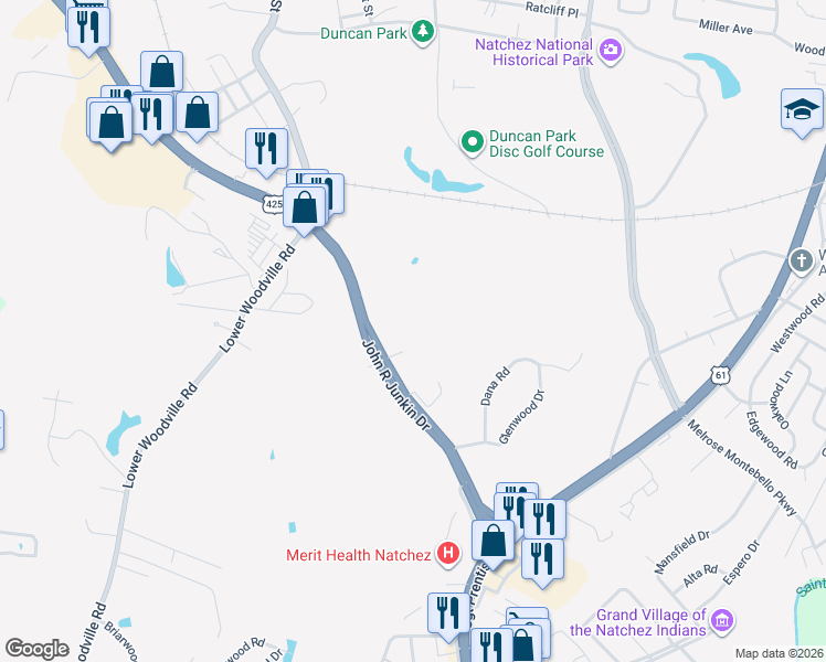 map of restaurants, bars, coffee shops, grocery stores, and more near 555 John R Junkin Drive in Natchez