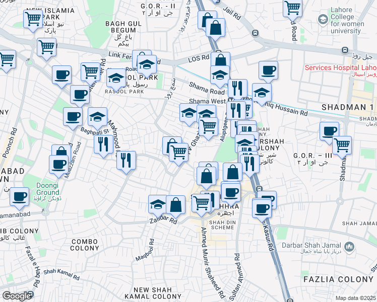 map of restaurants, bars, coffee shops, grocery stores, and more near Pir Ghazi Road in Lahore