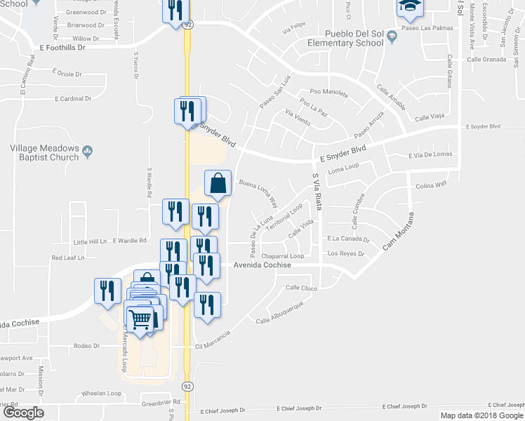 map of restaurants, bars, coffee shops, grocery stores, and more near 4435 La Corte Drive in Sierra Vista