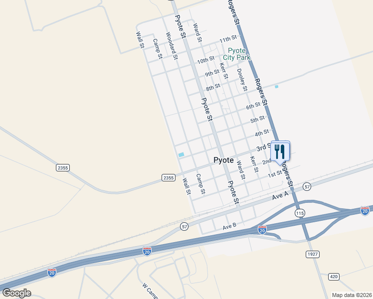 map of restaurants, bars, coffee shops, grocery stores, and more near Camp Street in Pyote