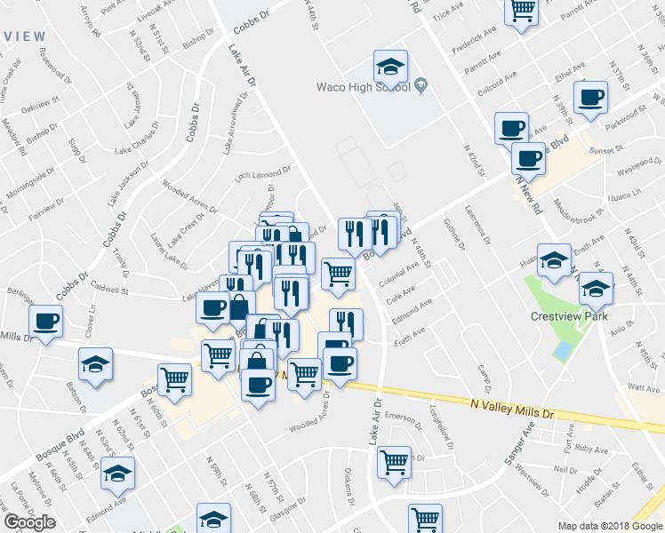 map of restaurants, bars, coffee shops, grocery stores, and more near 4901 Bosque Boulevard in Waco