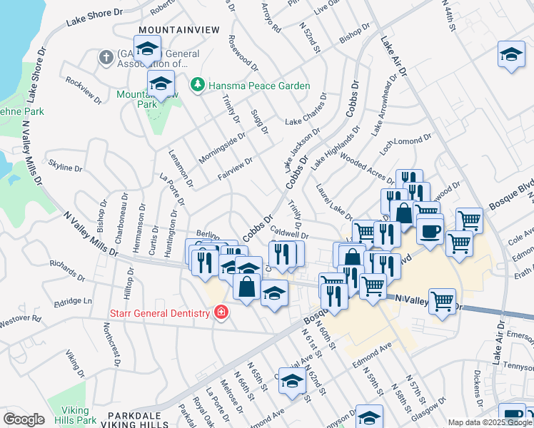 map of restaurants, bars, coffee shops, grocery stores, and more near 5901 Caldwell Street in Waco