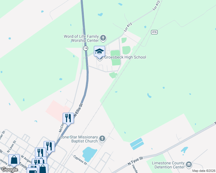 map of restaurants, bars, coffee shops, grocery stores, and more near in Groesbeck