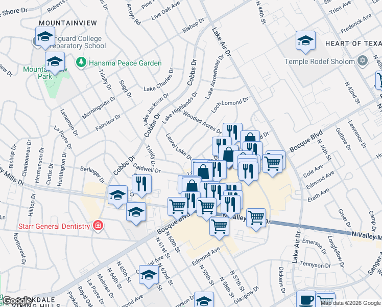 map of restaurants, bars, coffee shops, grocery stores, and more near 5424 Lake Lindenwood Drive in Waco
