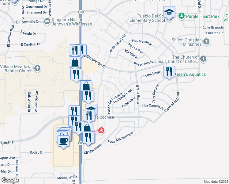 map of restaurants, bars, coffee shops, grocery stores, and more near 4403 Corte Brumoso in Sierra Vista