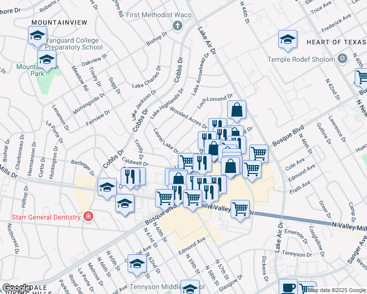 map of restaurants, bars, coffee shops, grocery stores, and more near 5424 Lake Lindenwood Drive in Waco