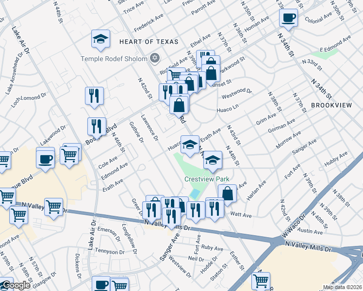 map of restaurants, bars, coffee shops, grocery stores, and more near 4116 Huaco Ln in Waco