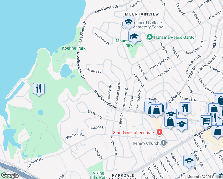 map of restaurants, bars, coffee shops, grocery stores, and more near 6624 Bishop Drive in Waco