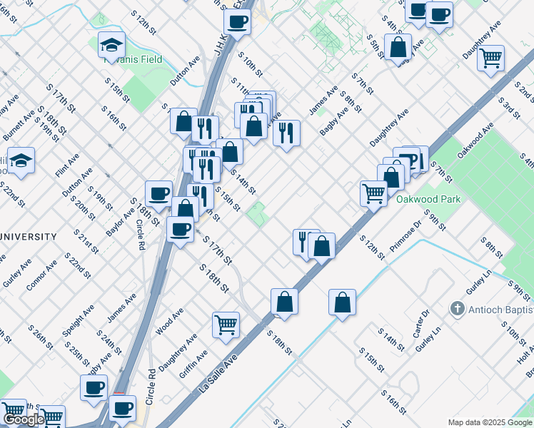 map of restaurants, bars, coffee shops, grocery stores, and more near 1900 South 14th Street in Waco