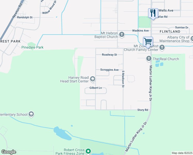 map of restaurants, bars, coffee shops, grocery stores, and more near 2410 Harvey Road in Albany