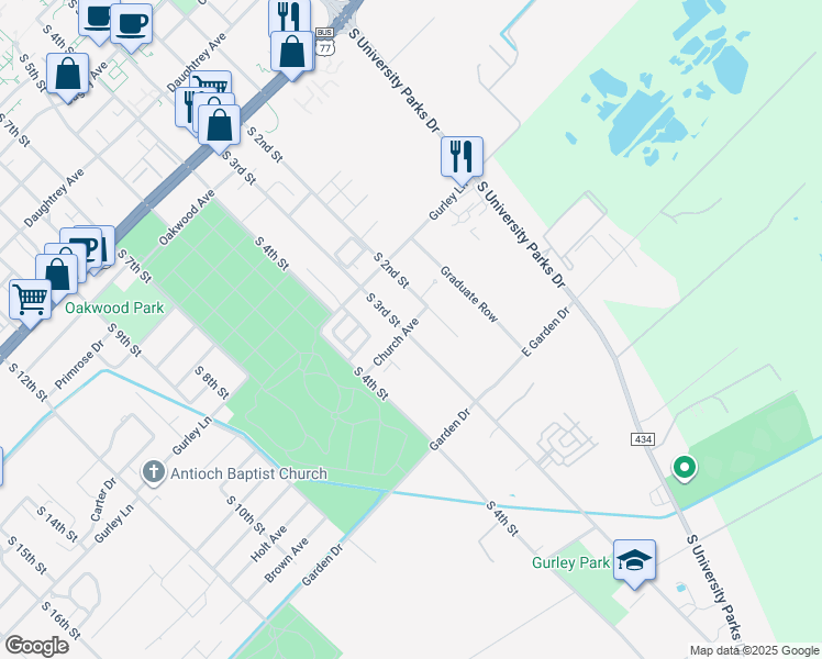 map of restaurants, bars, coffee shops, grocery stores, and more near 212 Church Avenue in Waco