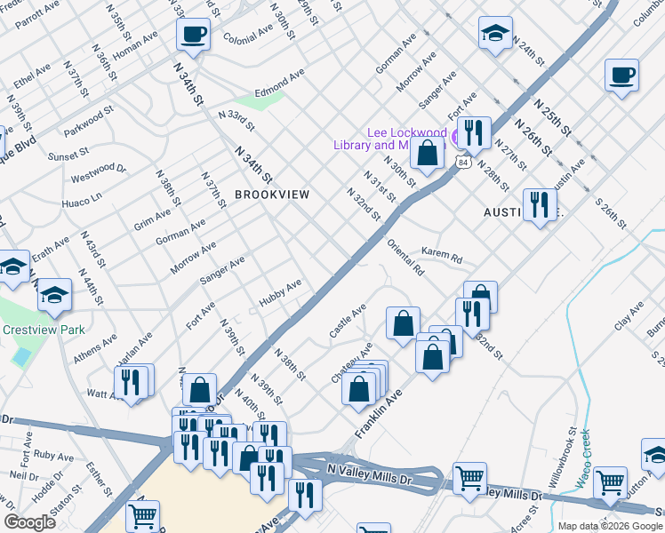 map of restaurants, bars, coffee shops, grocery stores, and more near 505 North 35th Street in Waco