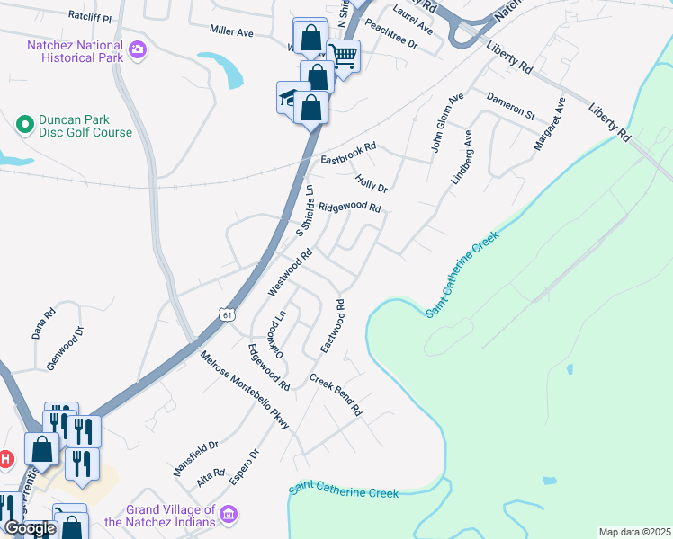 map of restaurants, bars, coffee shops, grocery stores, and more near 3806 Englewood Lane in Natchez