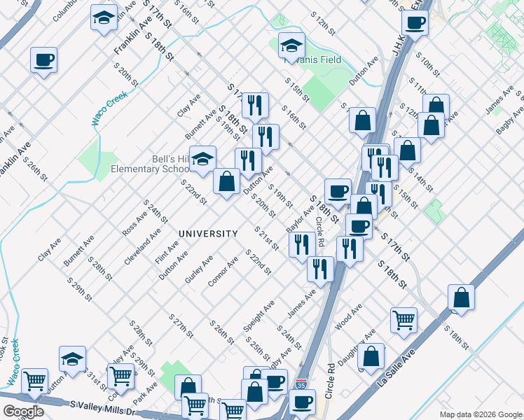 map of restaurants, bars, coffee shops, grocery stores, and more near 2002 Gurley Avenue in Waco