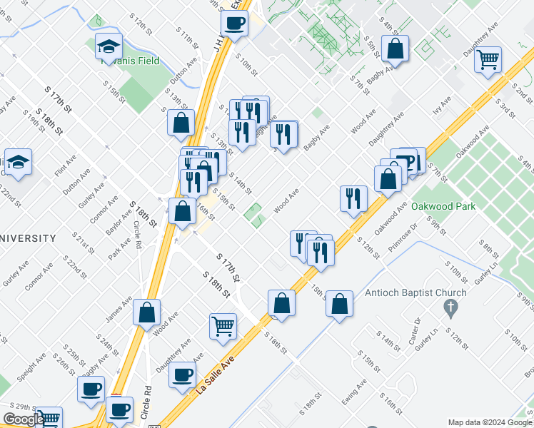 map of restaurants, bars, coffee shops, grocery stores, and more near 1401 Wood Avenue in Waco