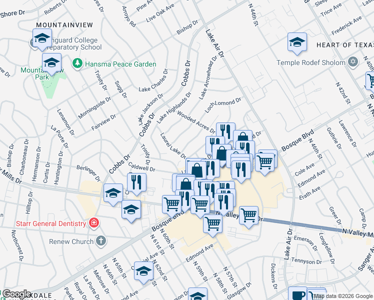 map of restaurants, bars, coffee shops, grocery stores, and more near 5424 Lake Lindenwood Drive in Waco