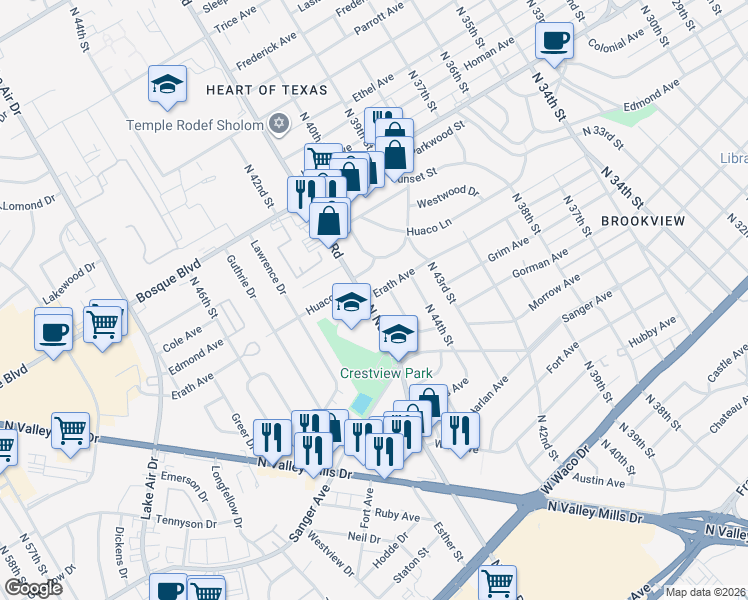 map of restaurants, bars, coffee shops, grocery stores, and more near 4516 Erath Avenue in Waco