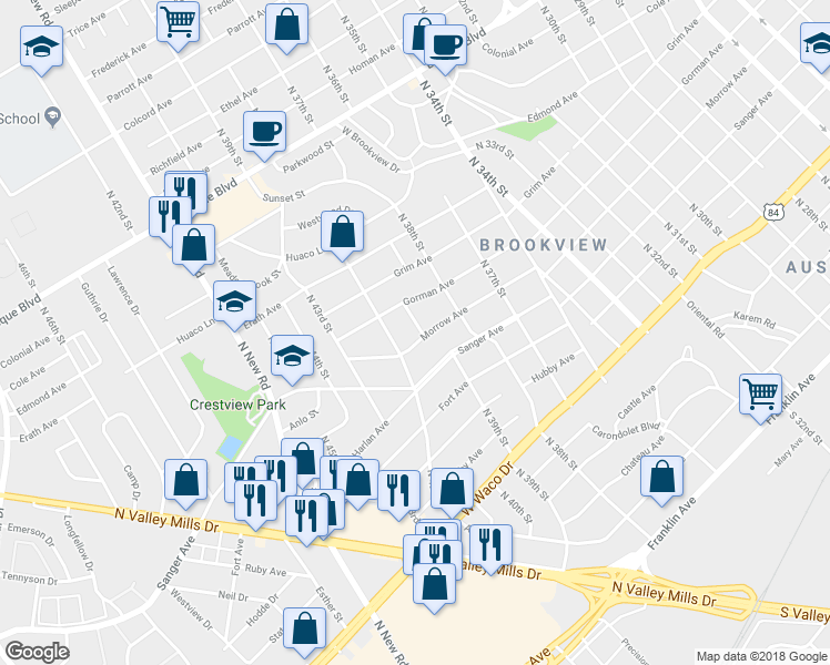 map of restaurants, bars, coffee shops, grocery stores, and more near 4001 Morrow Avenue in Waco