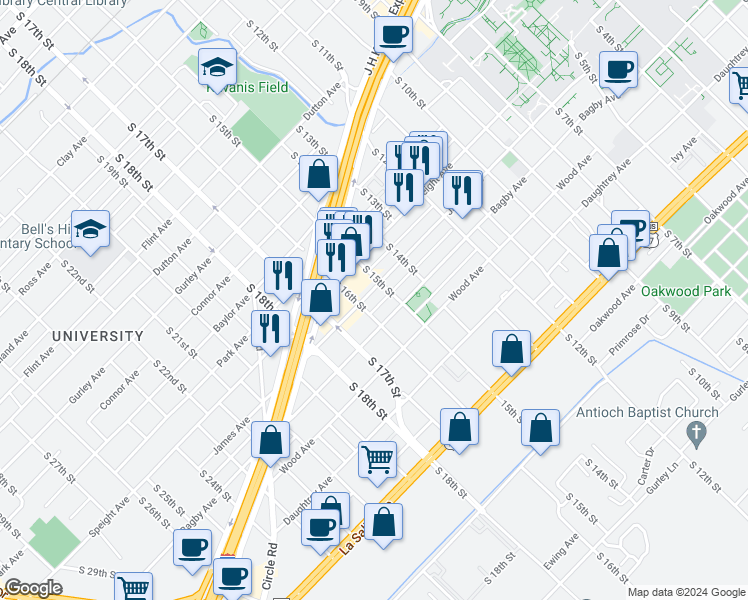 map of restaurants, bars, coffee shops, grocery stores, and more near 1504 James Avenue in Waco